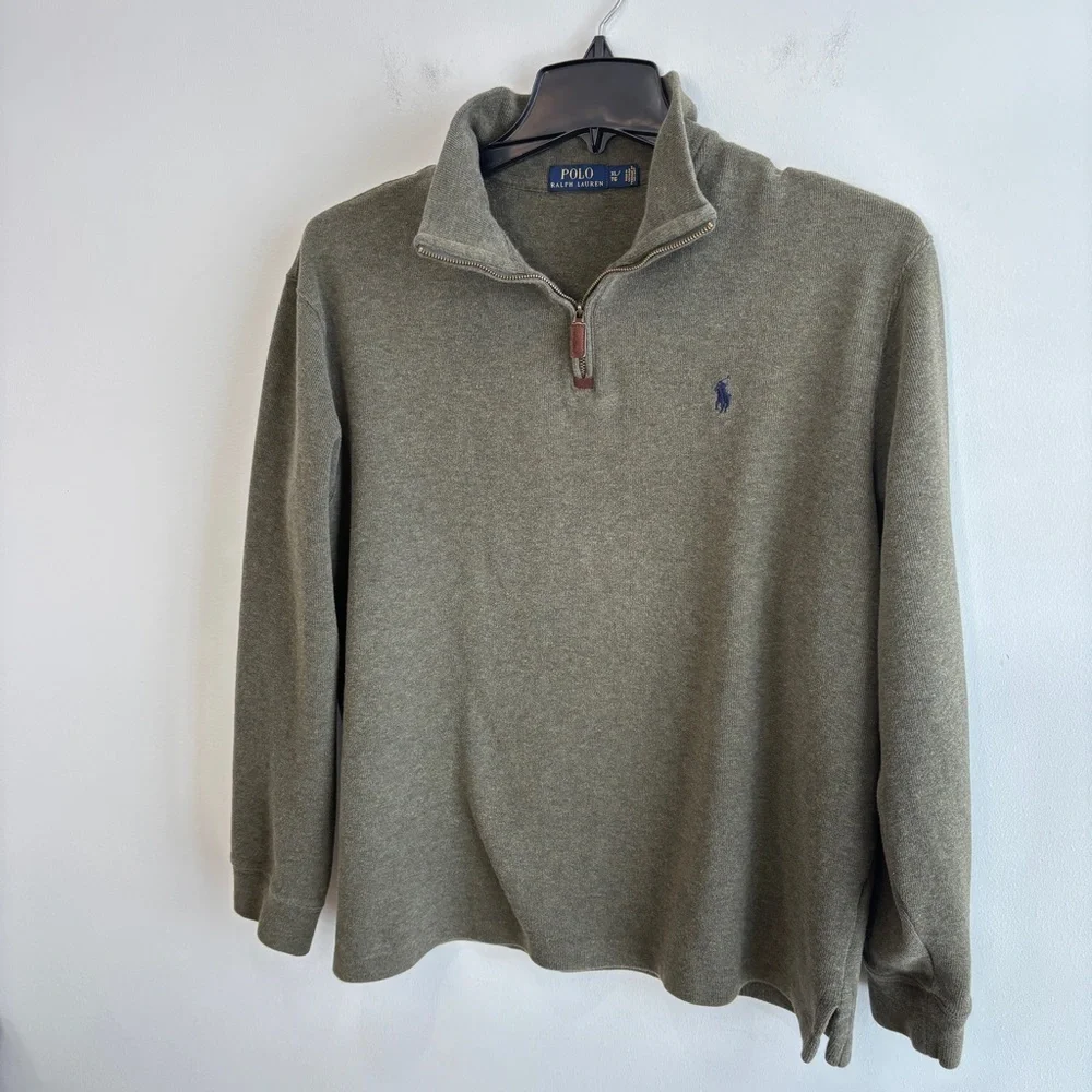 Polo Ralph Lauren Sweater Mens X-Large Estate Rib Green 1/4 Zip Cotton Pony Logo